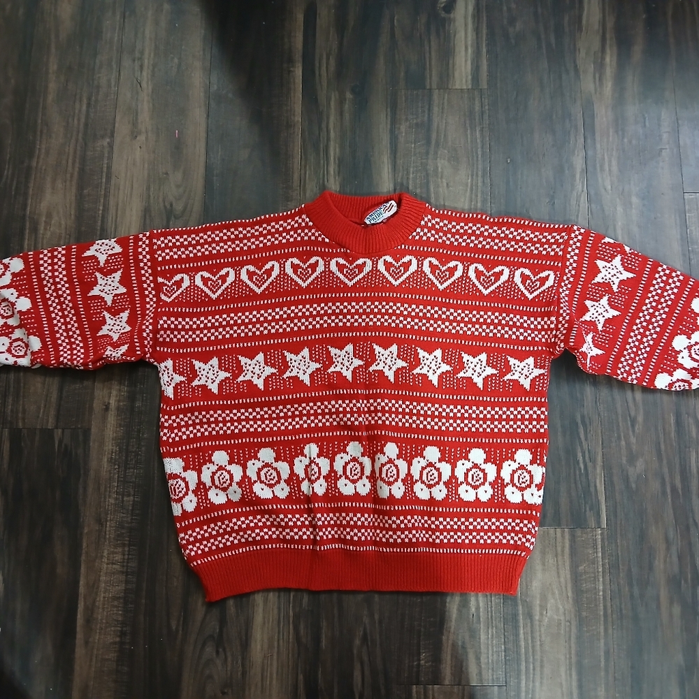 Vtg American Pride Made USA- Red & White Geometric Heart, Stars & Flowers,  22W